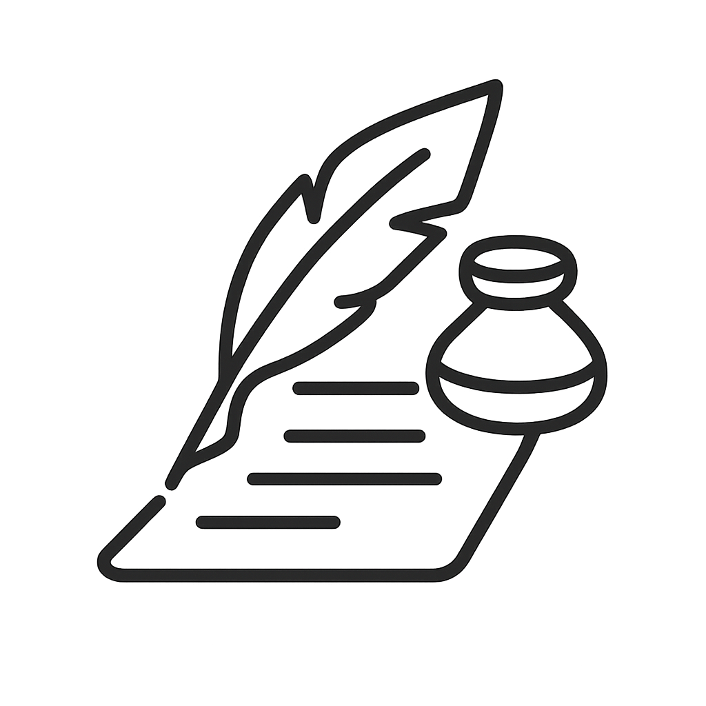 A feather quill and an inkwell sit atop a notepad.