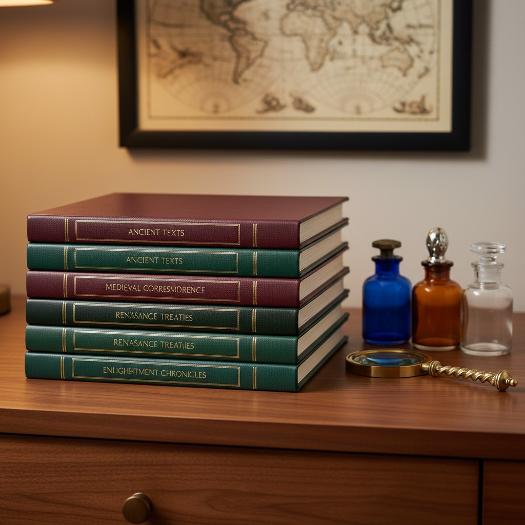 A stack of books on a wooden desk, featuring dark red and dark green covers with gilt lettering, set against a serene back...