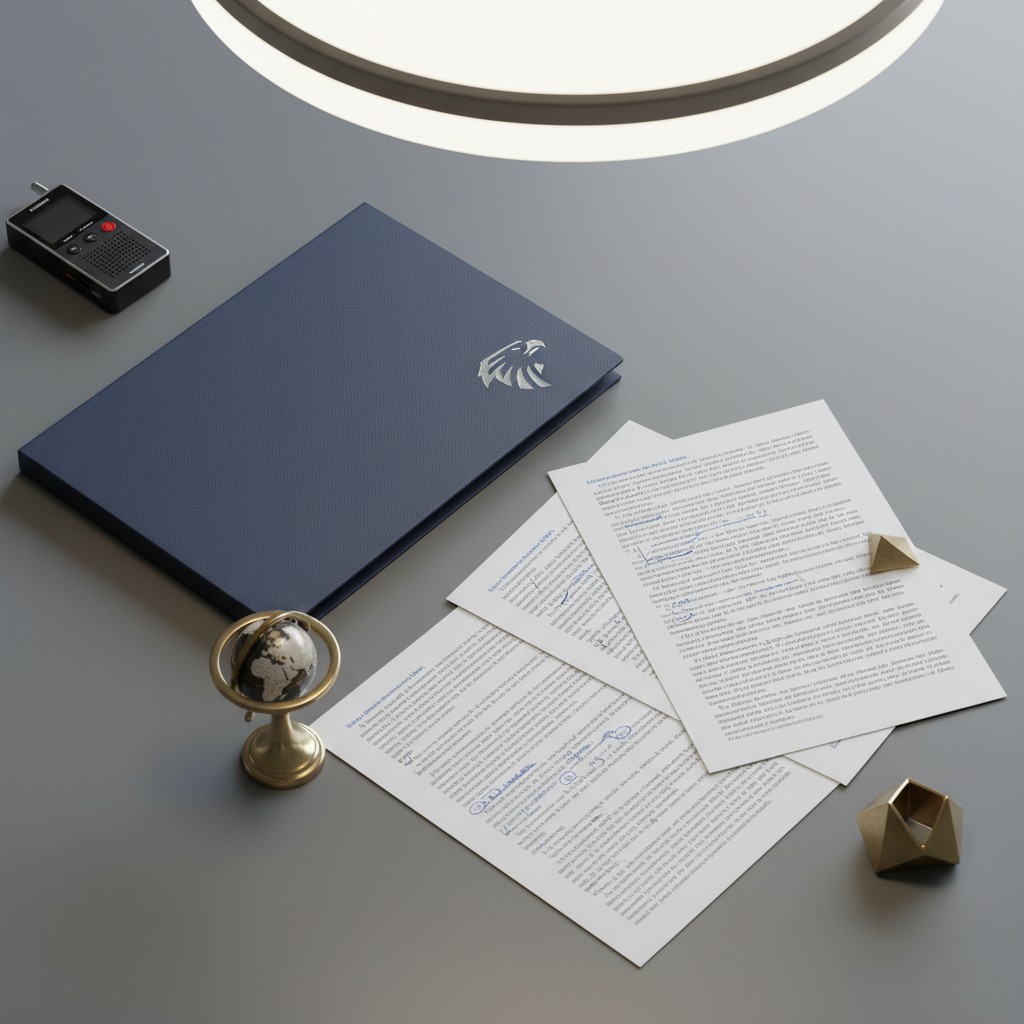A table with various objects, including a notebook, papers with illegible blue text, a small globe, a black device, a larg...