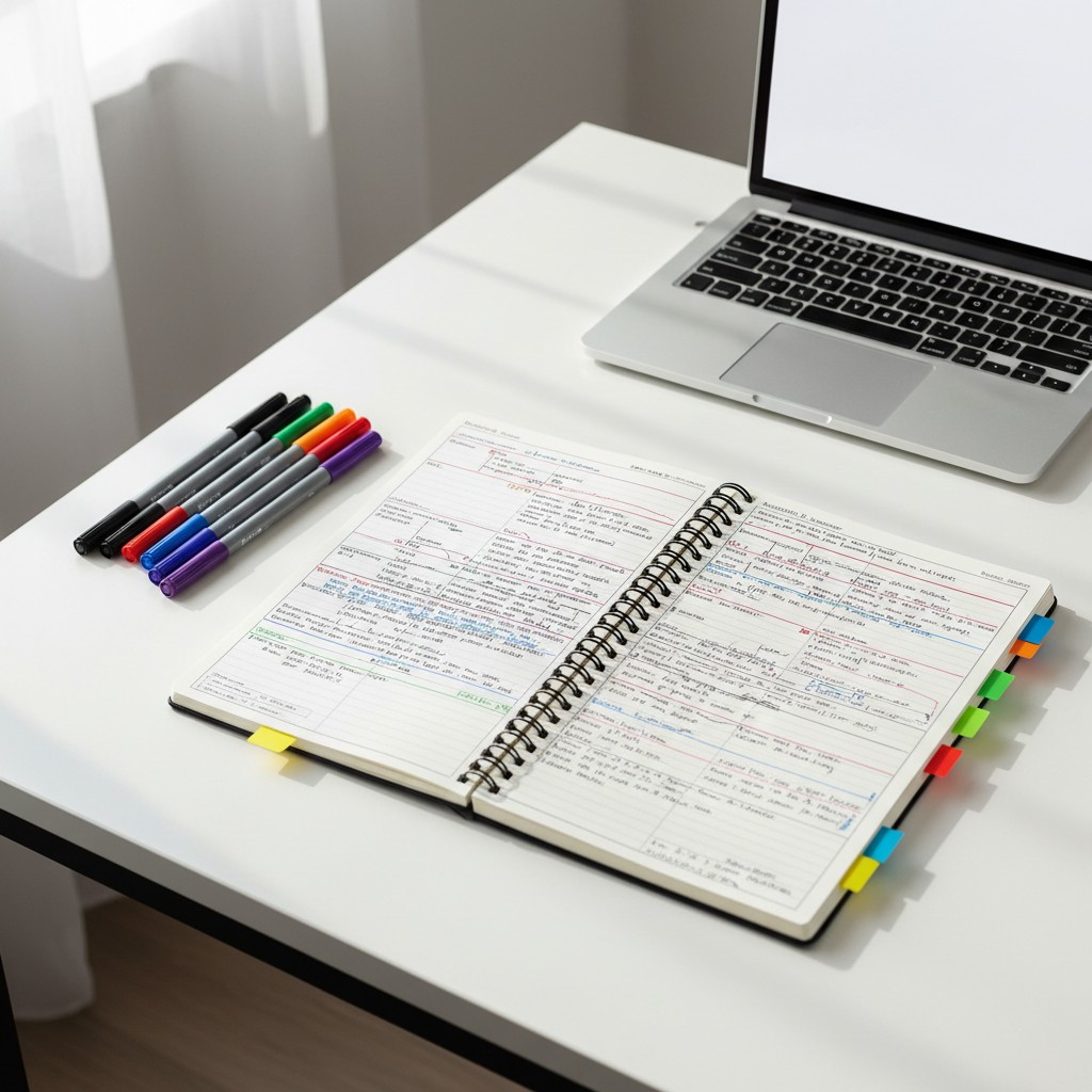 A desk with a laptop, a sketchbook, and colorful markers.