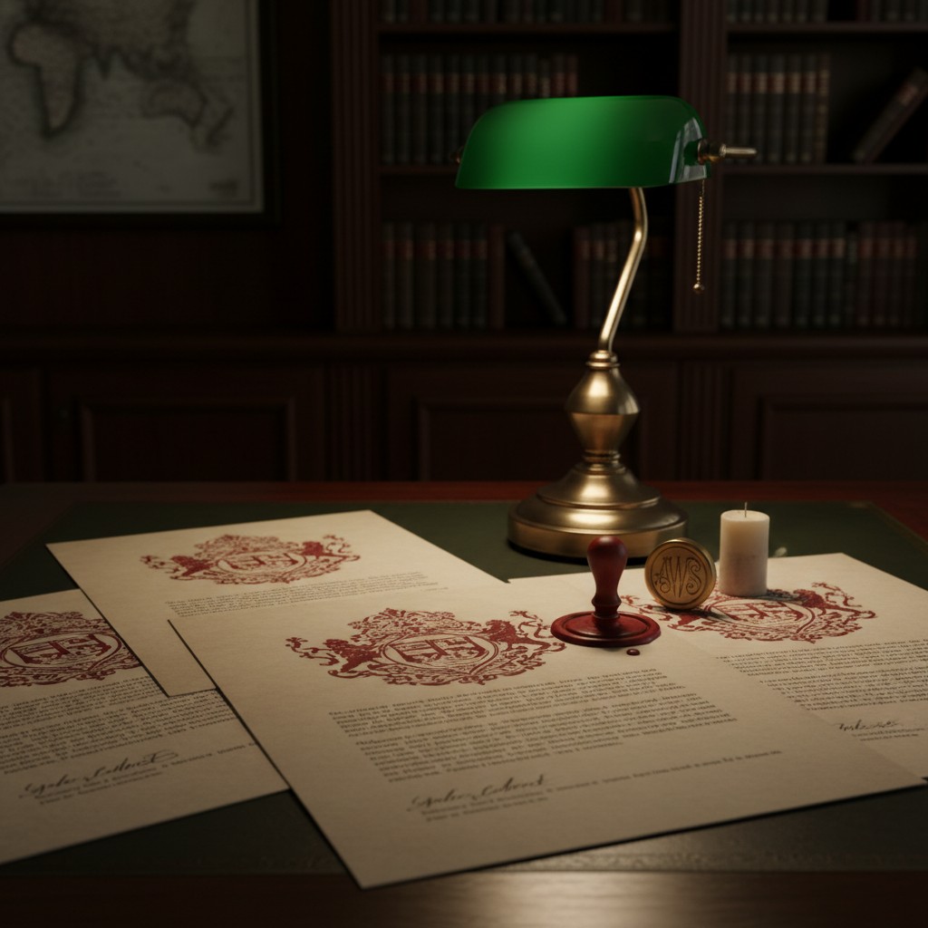 A darkened room with a carefully arranged table, featuring a desk lamp and extra-large parchment documents. The binary dat...